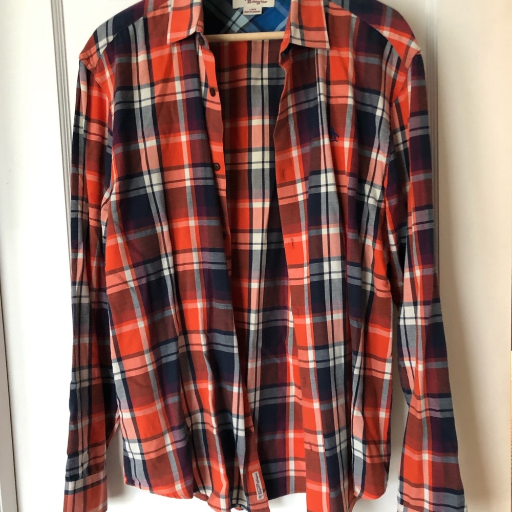 New penguin orange plaid button up
